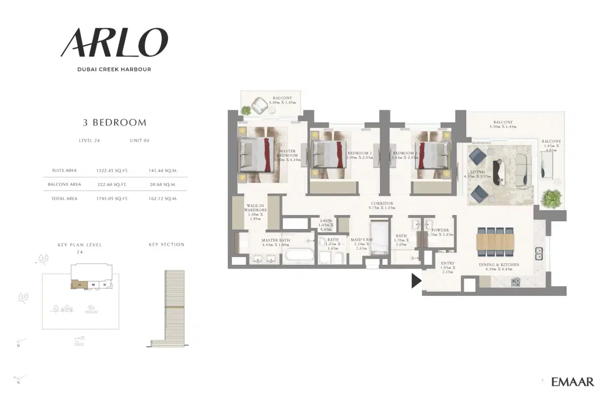 Emaar ARLO Dubai 3 BR Floor Plan 1,745 Sq. Ft.