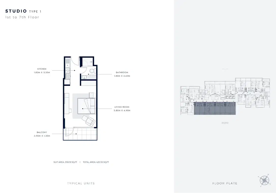 Azizi Vista Studios Floor Plan 420 Sq. Ft.
