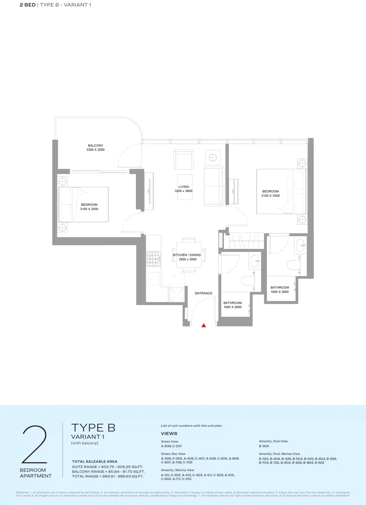 Sobha Bayside Marina Residences At Siniya Island 2 Bedroom Apartments Floor Plan