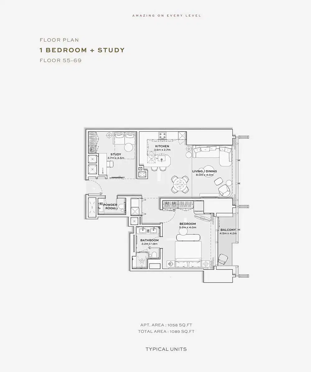 Burj Azizi Tower by Azizi Developments 1 BR Floor Plan 1,089 Sq. Ft.