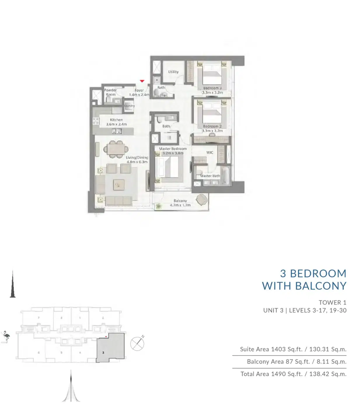 Emaar Creek Gate 3 BR Apartment Floor Plan