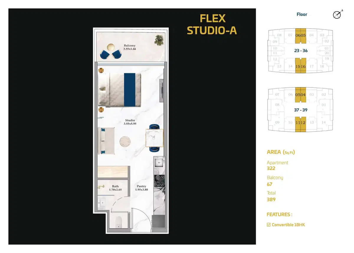 Aspirz at Dubai Sports City Studio Floor Plan 389 Sq. Ft.