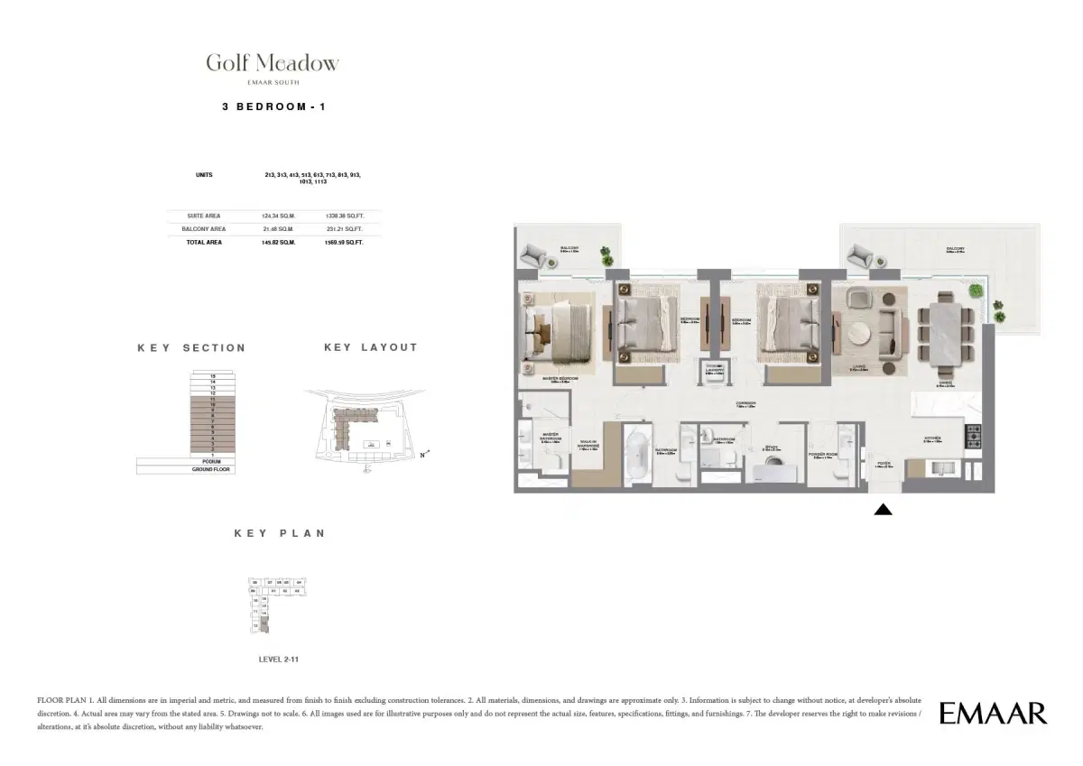 Golf Meadow at Emaar South 3 BR Floor Plan 1,569 Sq. Ft.