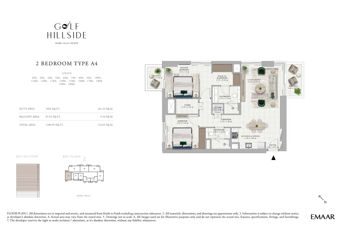 Emaar Golf Hillside In Dubai Hills Estate 2 BR Apartment Floor Plan
