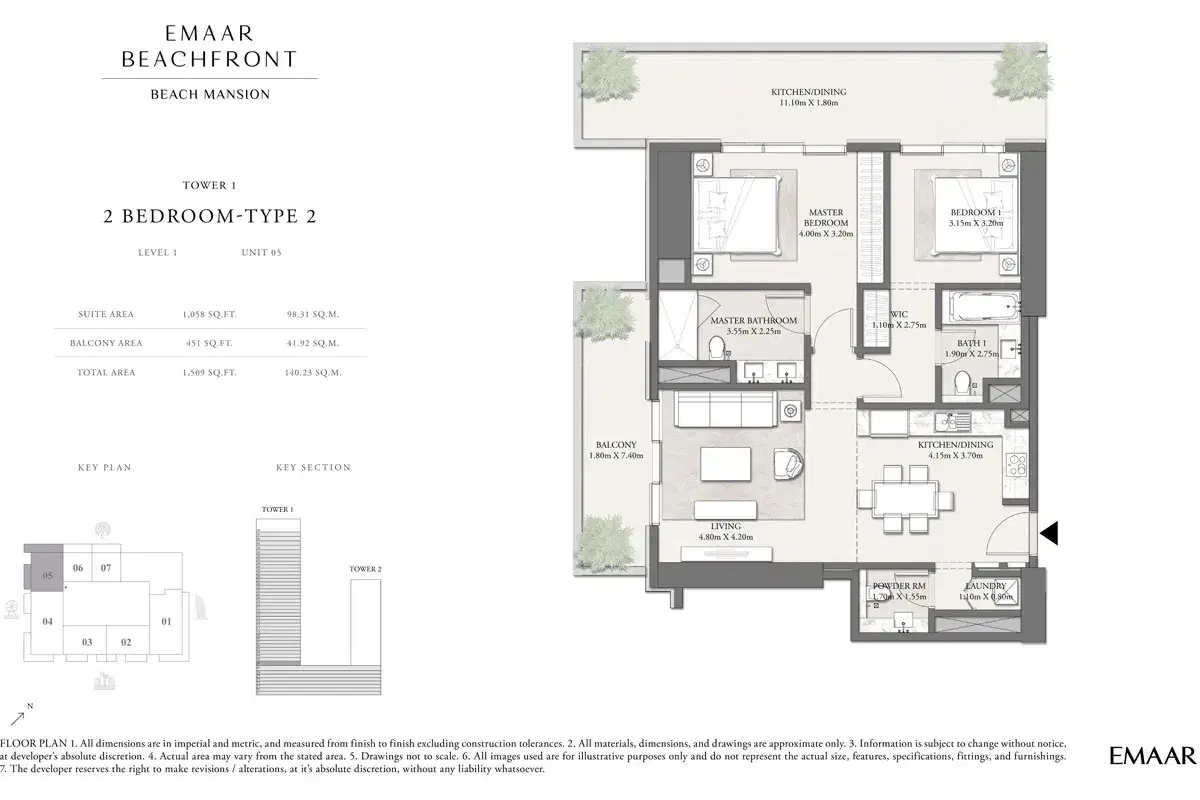 EMAAR Beach Mansion Dubai 2 BR Floor Plan 1,509 Sq. Ft.