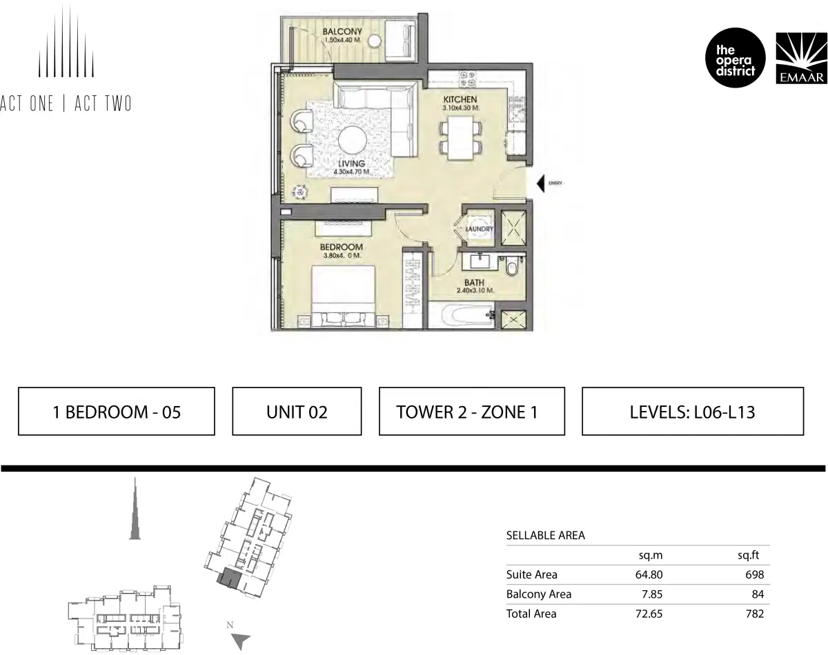 Emaar Act One Act Two 1 BR Apartment Floor Plan