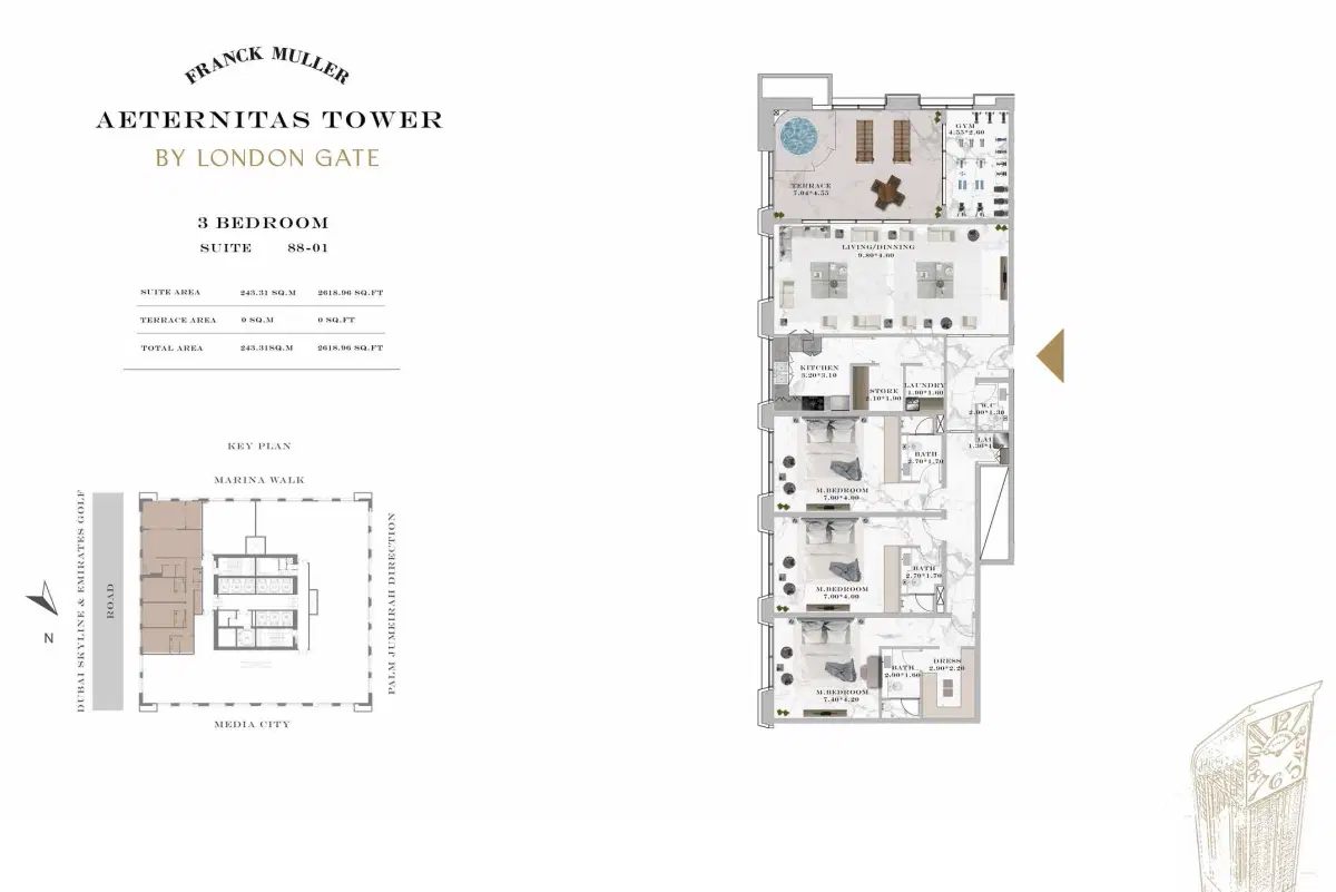 Aeternitas By London Gate Dubai Marina 3 BR Apartment Floor Plan