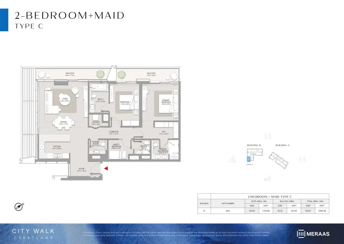 Meraas City Walk Crestlane 5 2 BR Apartment Floor Plan