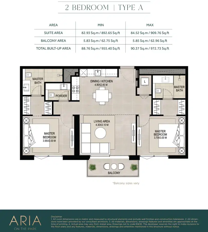 NSHAMA Aria Dubai 2 BR Floor Plan 972 Sq. Ft.
