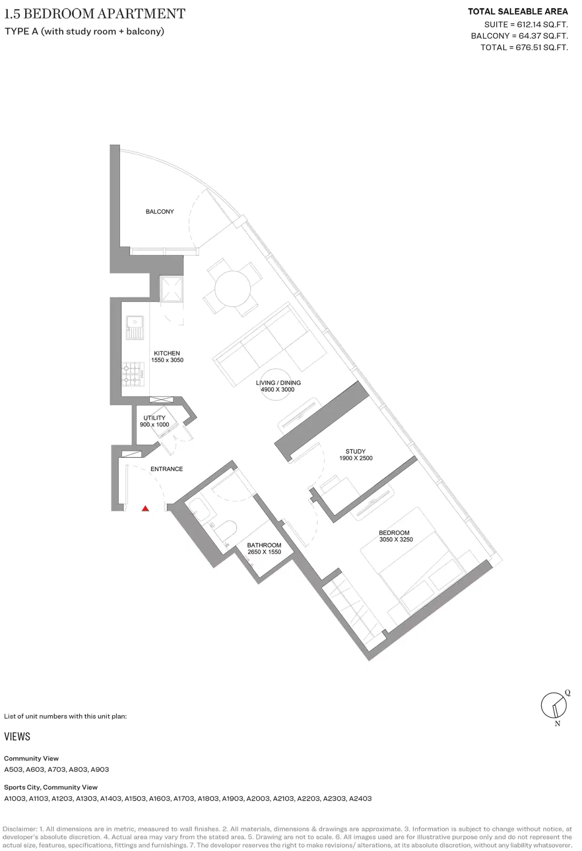 Sobha Solis In Motor City Dubai 1.5 Bedroom Apartments Floor Plan