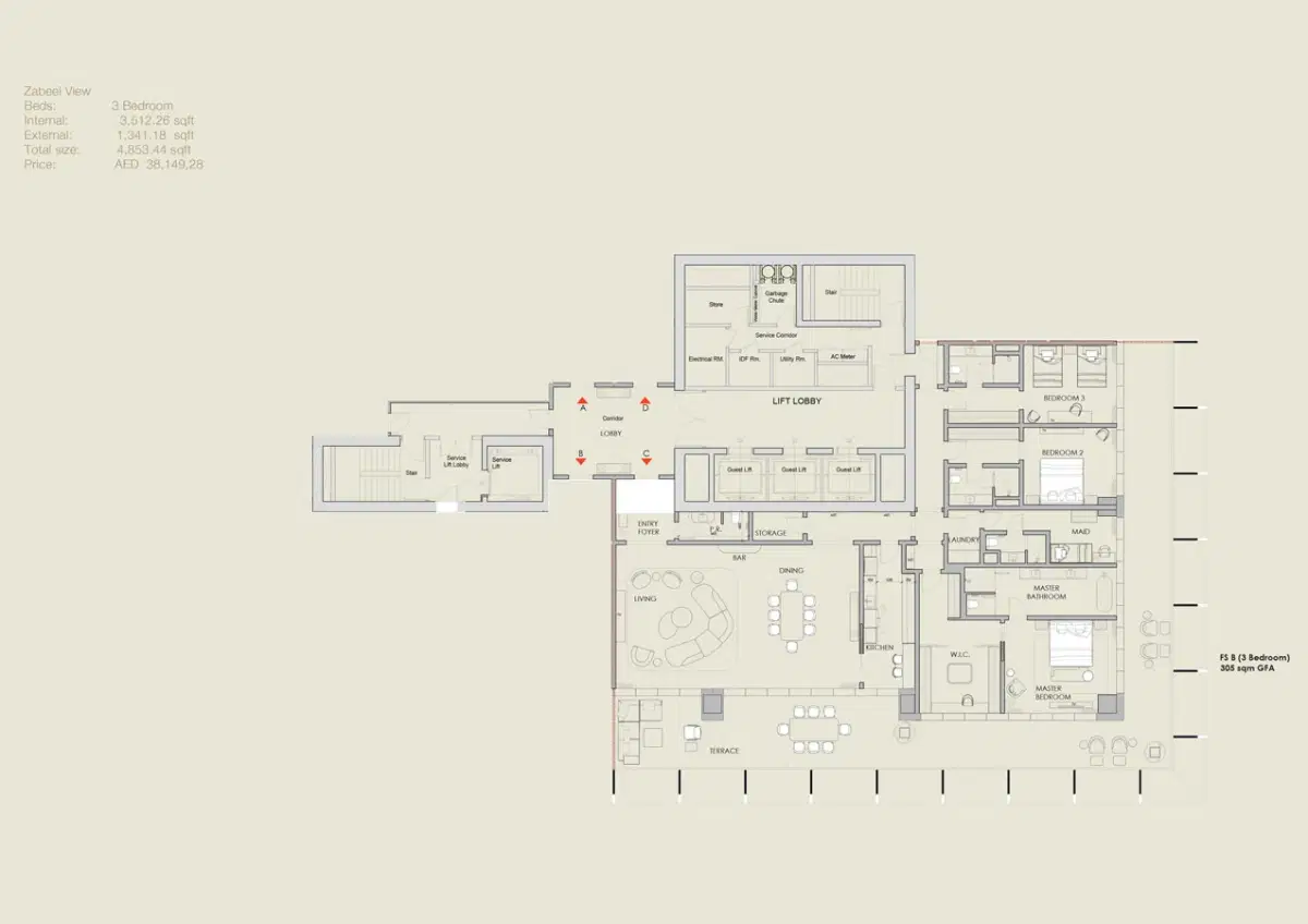 Four Seasons Private Residences H And H Difc 3 Bedroom Apartments Floor Plan