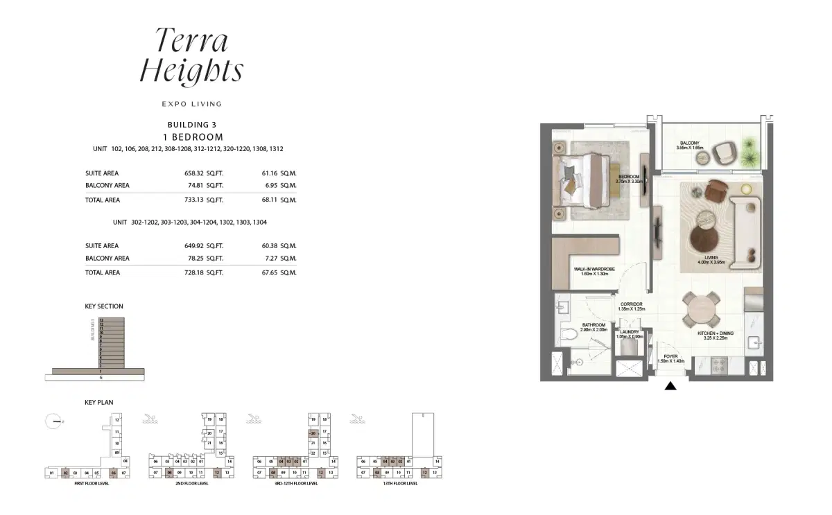 EMAAR Terra Heights in Expo Living 1 BR Floor Plan 728 Sq. Ft.