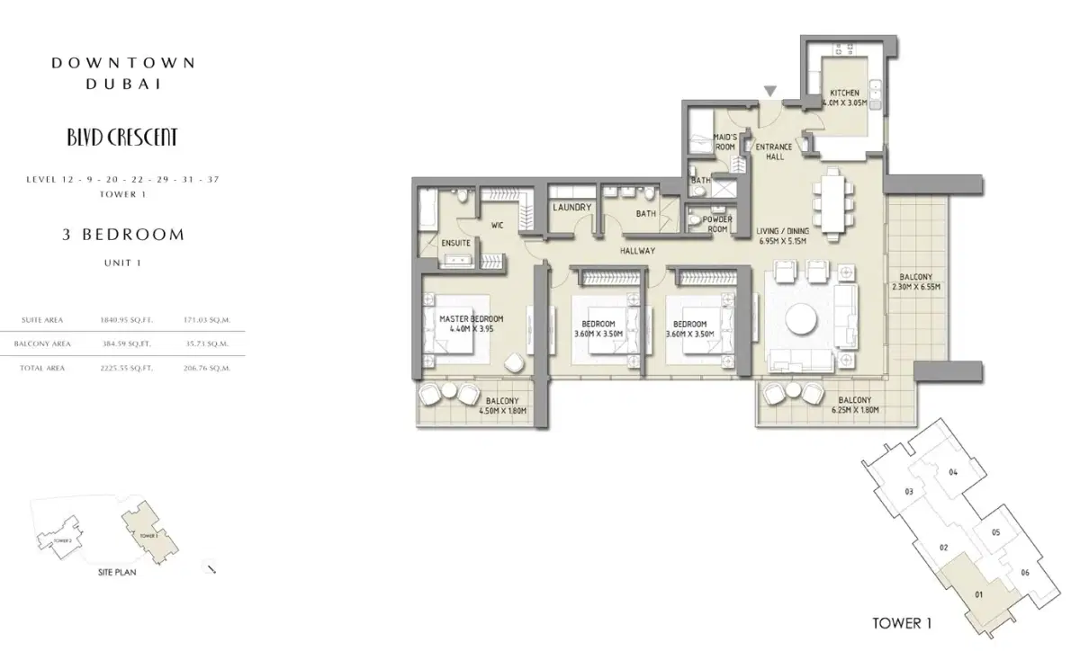 Emaar BLVD Crescent at Downtown Dubai | Apartments & Penthouses 3 BR Apartment Floor Plan