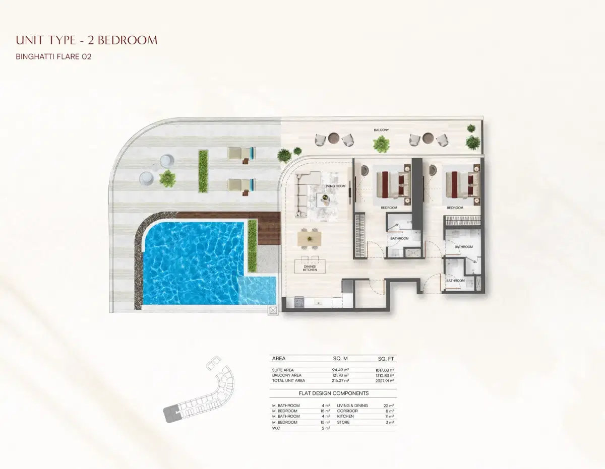 Binghatti Flare at Jumeirah Village Triangle 2 BR Floor Plan 2,327 Sq. Ft.