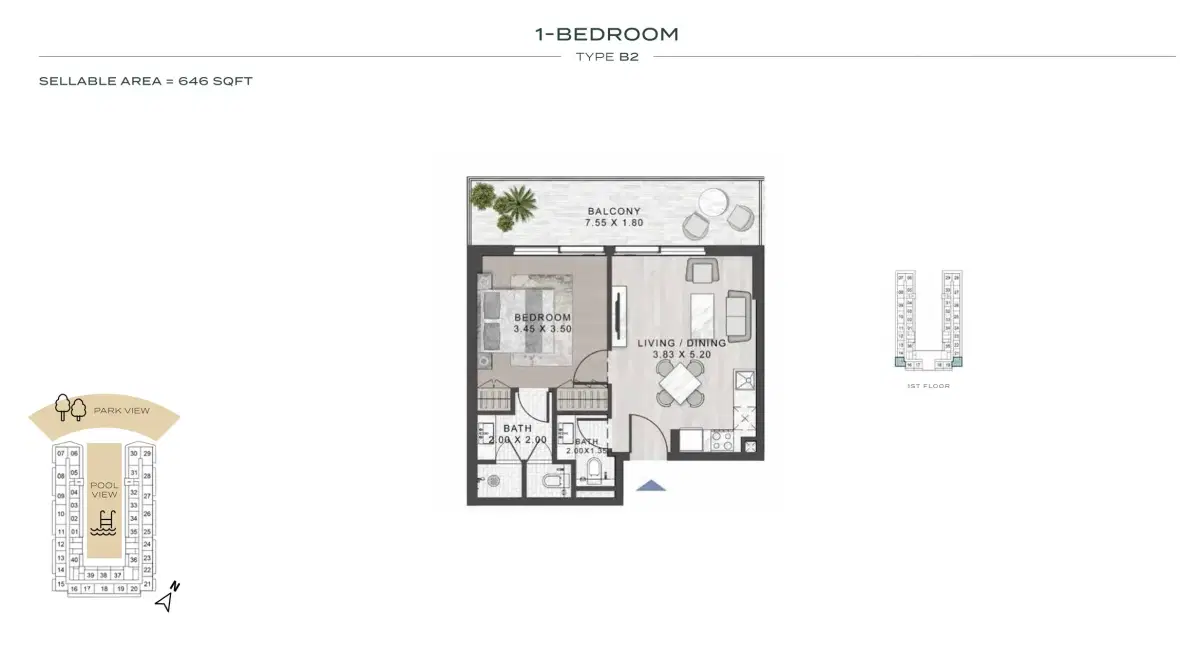 Damac ELO 2 Dubai 1 BR Floor Plan 646 Sq. Ft.