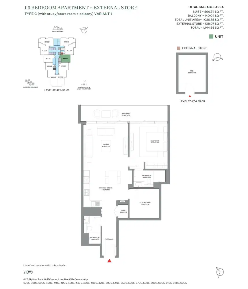 SOBHA Verde Dubai 1.5 BR Floor Plan 1,144 Sq. Ft.