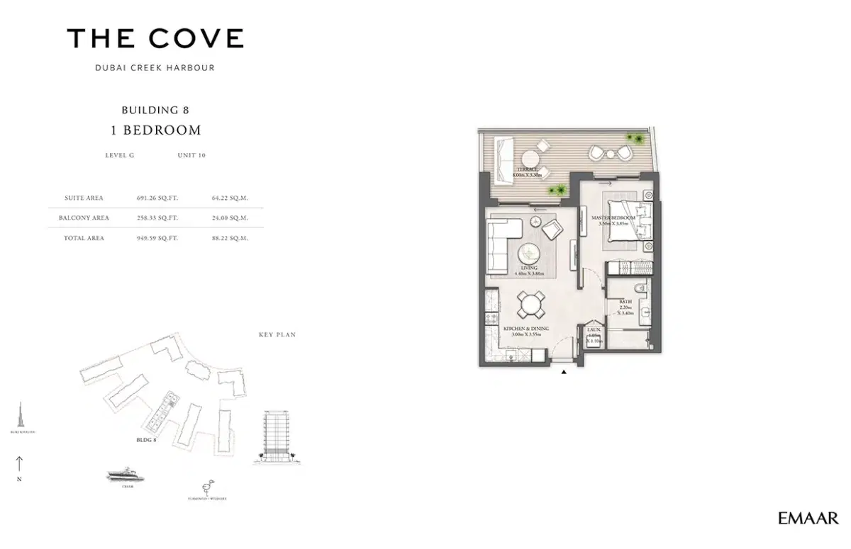 EMAAR The Cove 2 Dubai 1 BR Floor Plan 949 Sq. Ft.