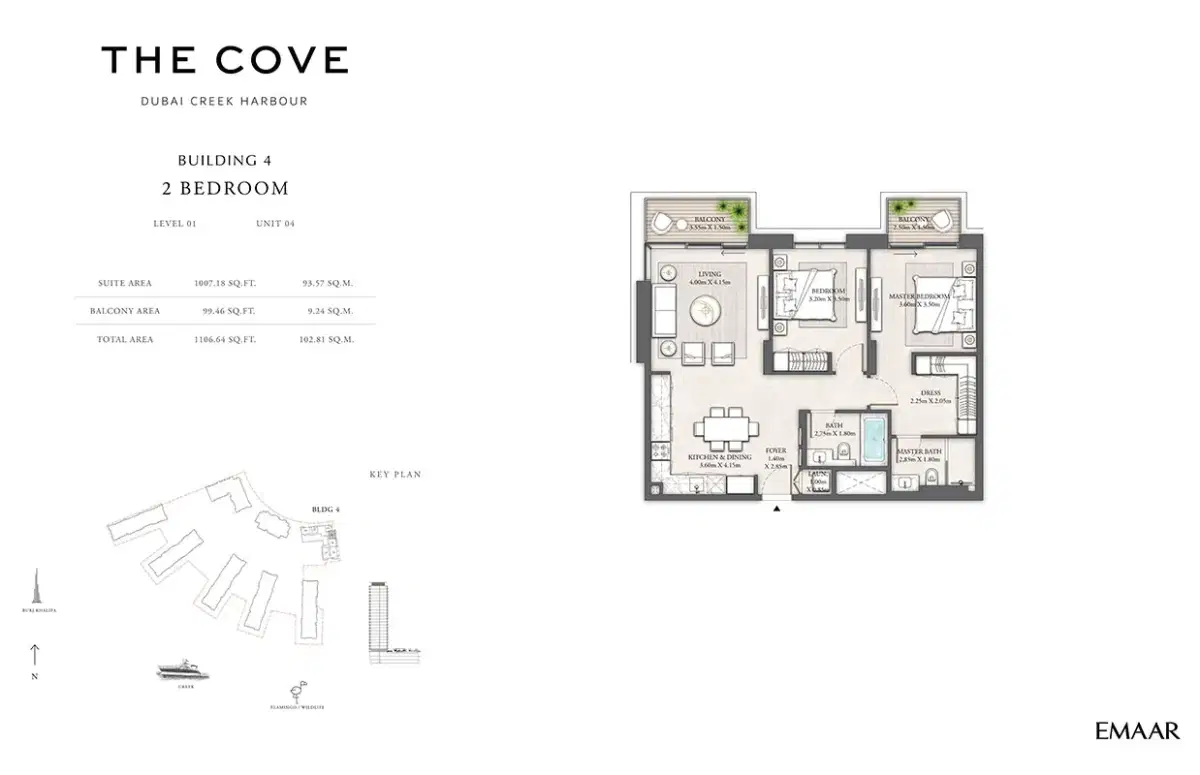 EMAAR The Cove 2 Dubai 2 BR Floor Plan 1,106 Sq. Ft.