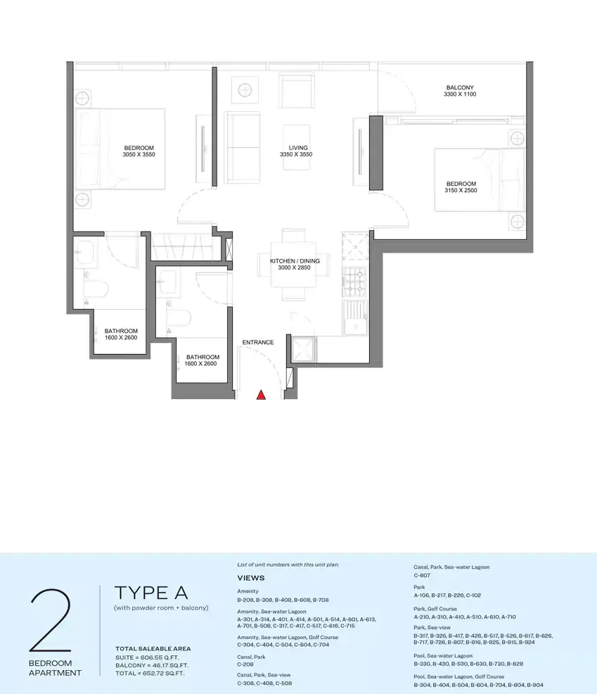 Sobha Delphine Beach Residences On Siniya Island 2 Bedroom Apartments Floor Plan