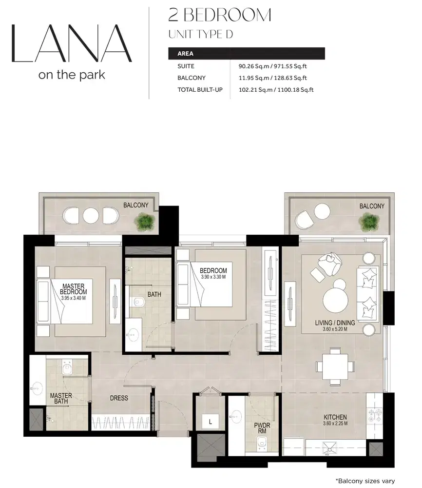 Nshama Lana On The Park Dubai 2 BR Floor Plan 1,100 Sq. Ft.