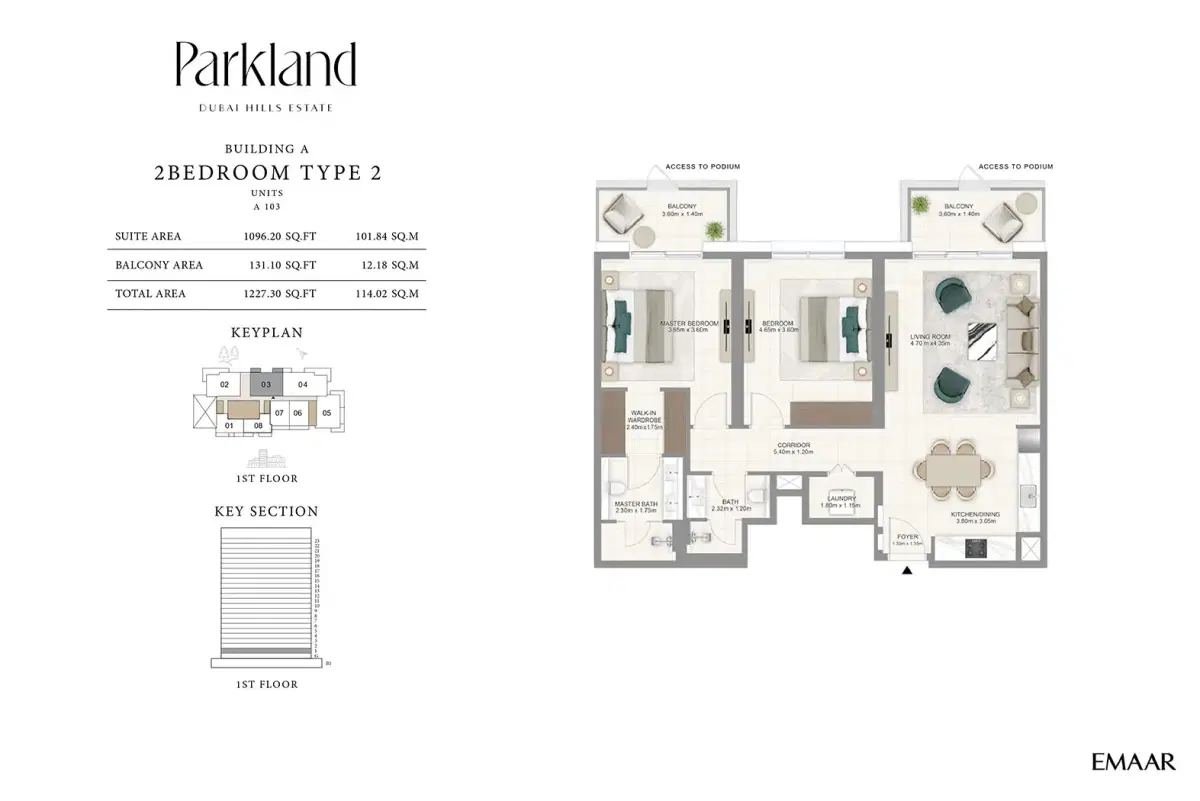 EMAAR Parkland Dubai 2 BR Floor Plan 1,227 Sq. Ft.