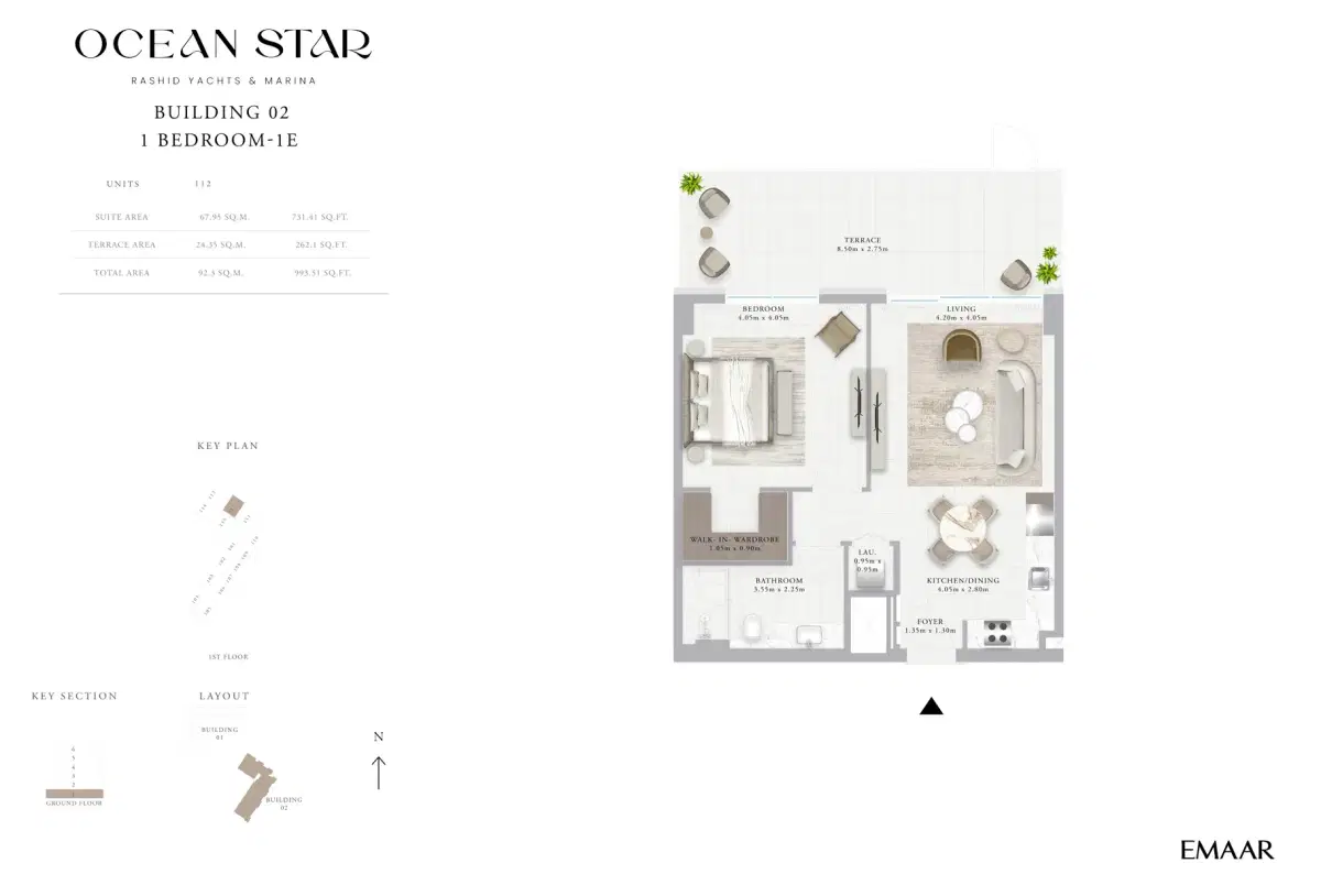 Emaar Ocean Star Dubai 1 BR Floor Plan 993 Sq. Ft.