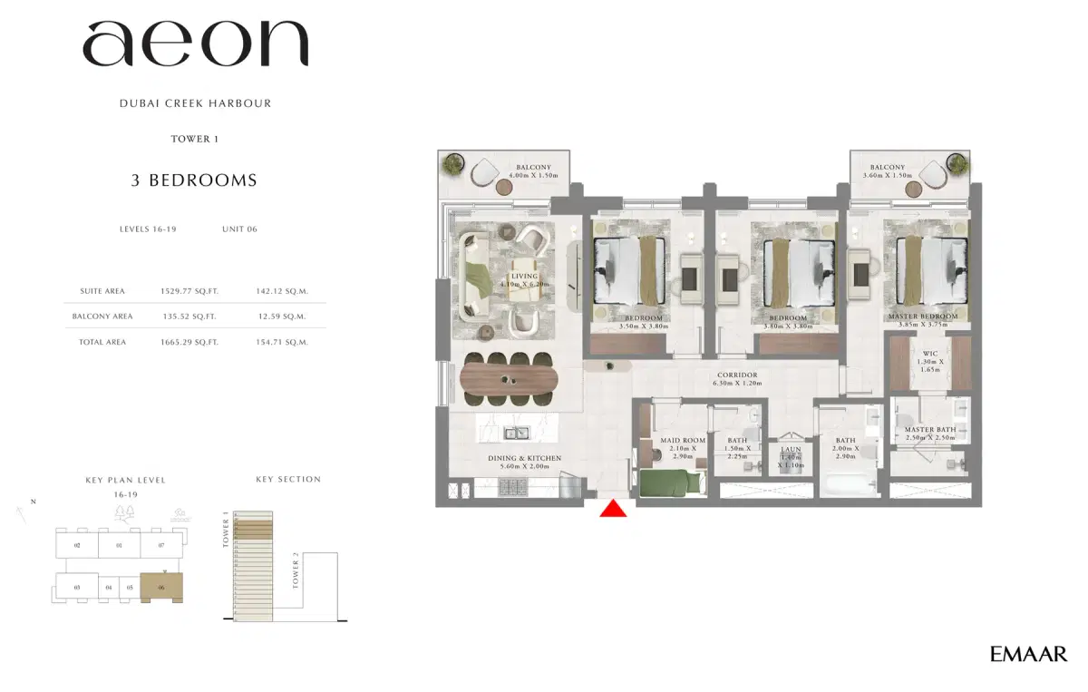 EMAAR AEON Dubai 3 BR Floor Plan 1,665 Sq. Ft.