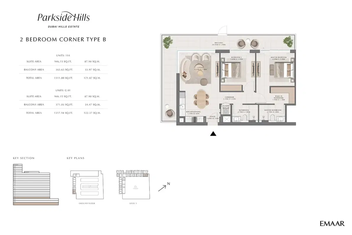 EMAAR Parkside Hills Dubai 2 BR Floor Plan 1,317 Sq. Ft.