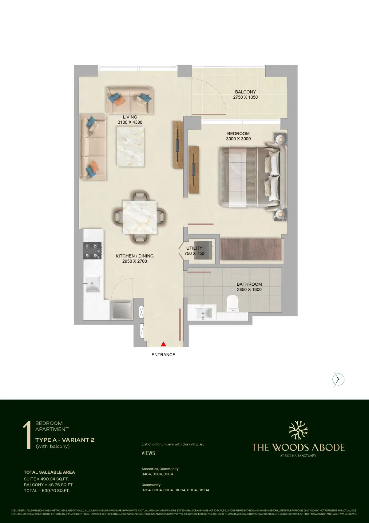 The Woods Abode 1 BR Floor Plan 539 Sq.Ft.