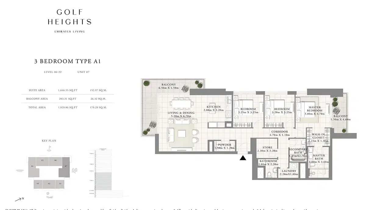 EMAAR Golf Heights Dubai 3 BR Floor Plan 1,929 Sq. Ft.