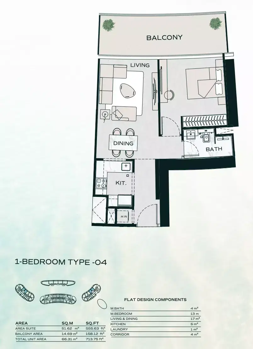 Binghatti Aquarise at Business Bay Dubai 1 BR Floor Plan 713 Sq. Ft.