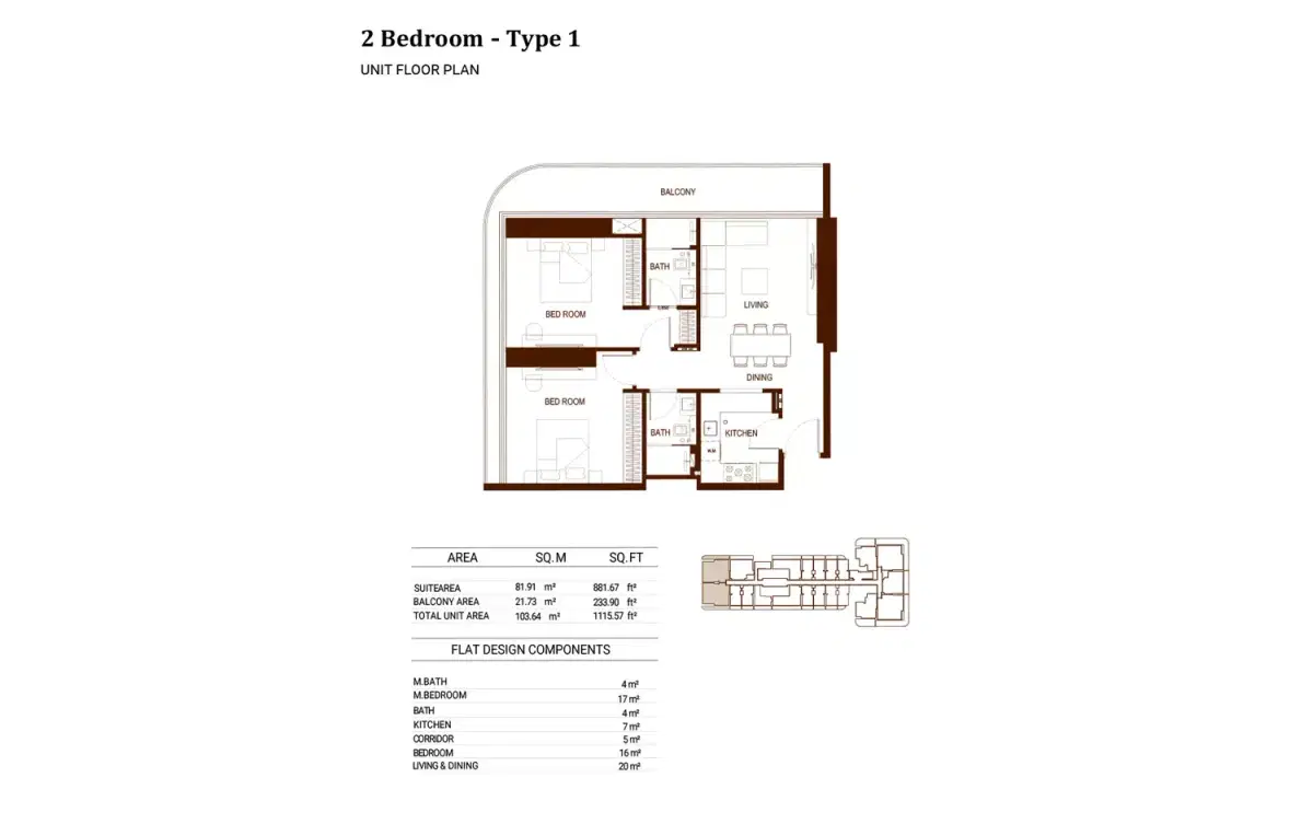 Binghatti Hillviews at Dubai Science Park 2 BR Floor Plan 1,115 Sq. Ft.