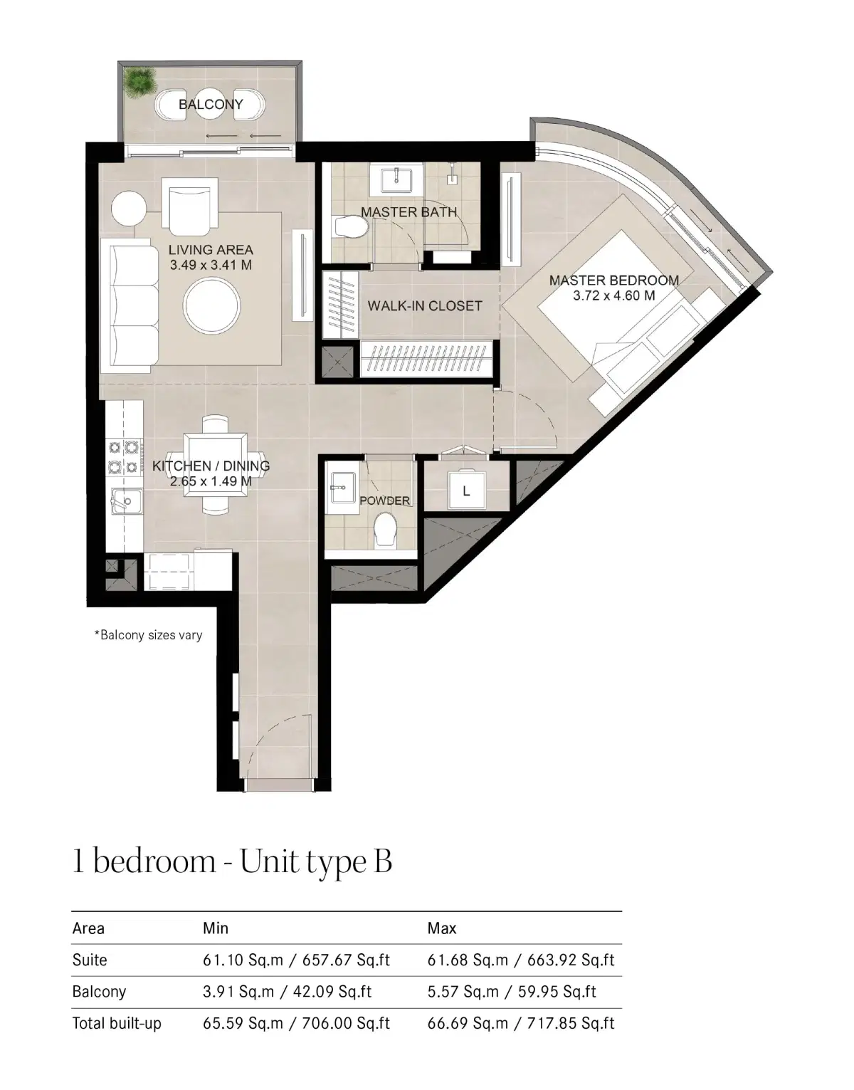 Nshama The Baltimore at Town Square Dubai 1 BR Floor Plan 717 Sq. Ft.