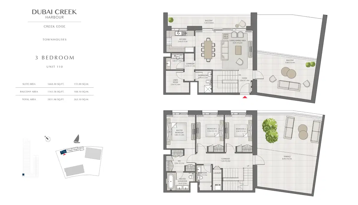 EMAAR Creek Edge Dubai 3 BR Floor Plan 2,831 Sq. Ft.