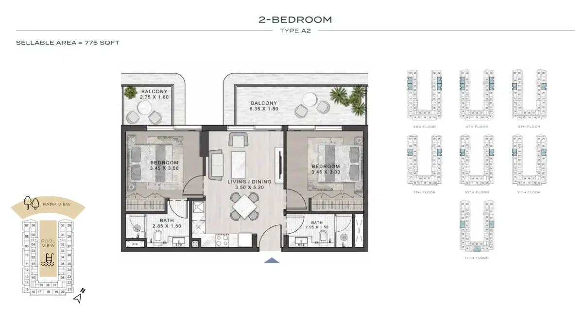 Damac ELO 2 Dubai 2 BR Floor Plan 775 Sq. Ft.