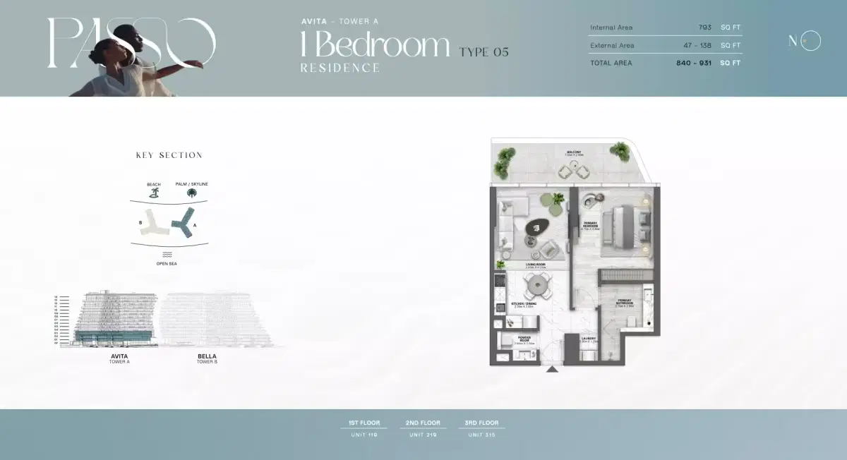 Passo by Beyond at Palm Jumeirah, Dubai 1 BR Floor Plan 840 Sq. Ft.