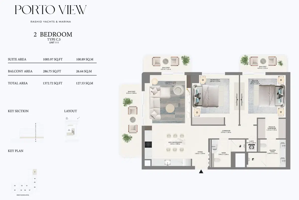 Emaar Porto View  Dubai 2 BR Floor Plan 1,372 Sq. Ft.