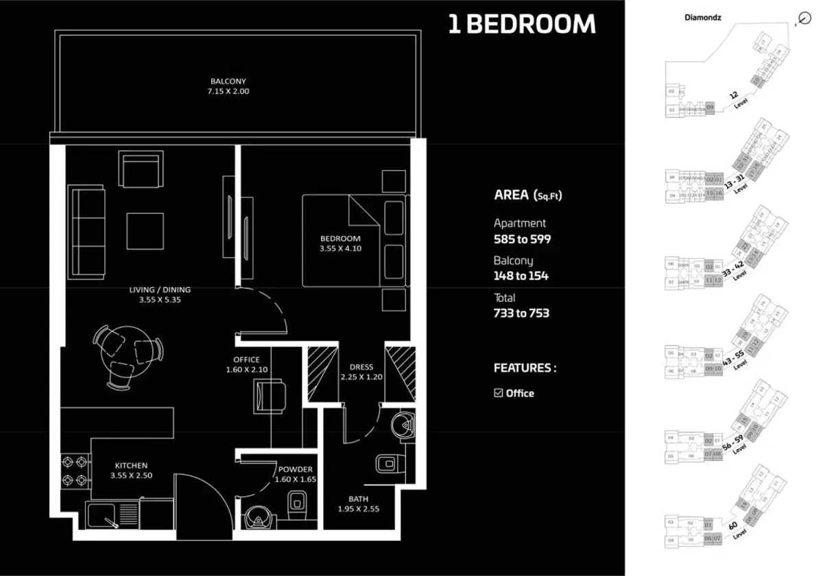 Danube Diamondz Jumeirah Lake Towers 1 Bedroom Apartments Floor Plan