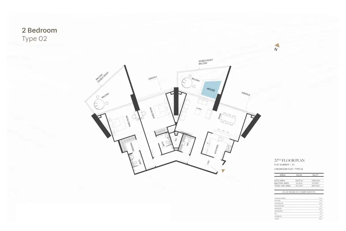 Binghatti Royale Dubai 2 BR Floor Plan 1859 Sq.Ft