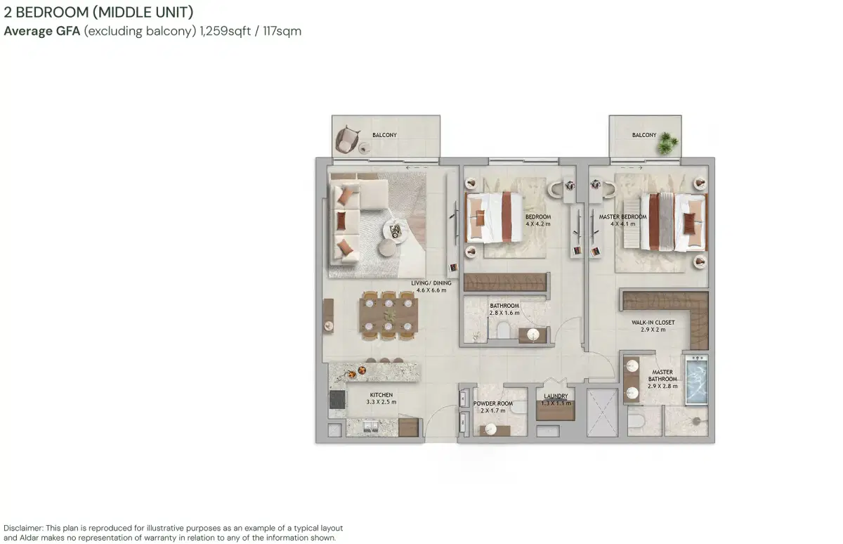 Aldar Verdes by Haven Dubai 2 BR Floor Plan 1,259 Sq. Ft.
