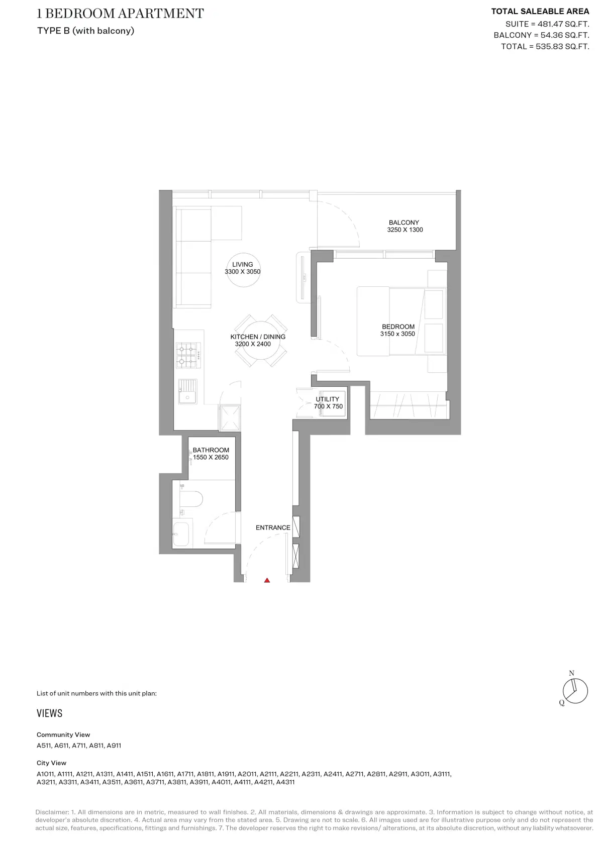 Sobha Solis Dubai 1 BR Floor Plan 535 Sq. Ft.