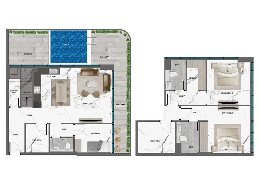 Samana California 2 2 Bedroom Duplexes Floor Plan