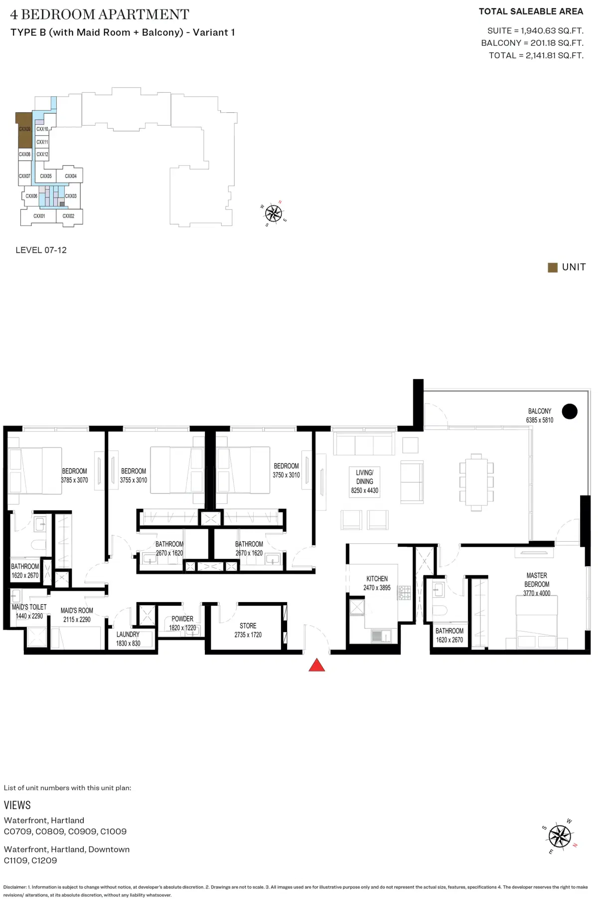 SOBHA Crest Grande Dubai 4 BR Floor Plan 2,142 Sq. Ft.