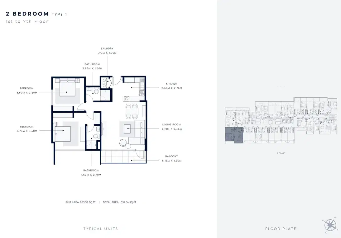 Azizi Vista 2 BR Floor Plan 1,037 Sq. FT.