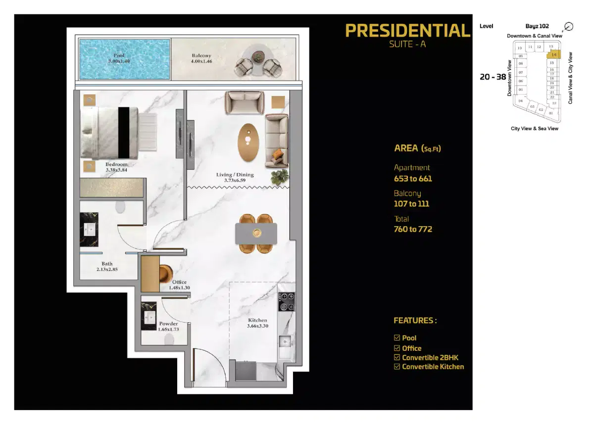 Danube Bayz 102 In Business Bay Dubai 1 Bedroom Apartments Floor Plan
