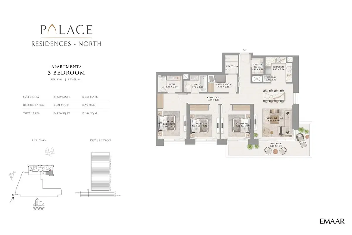 Emaar Palace Residences North 3 Bedroom Apartments Floor Plan