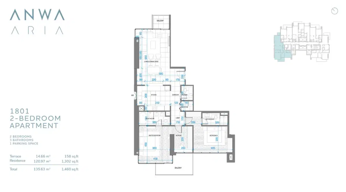 Anwa Aria Dubai 2 BR Floor Plan 1,460 Sq. Ft.