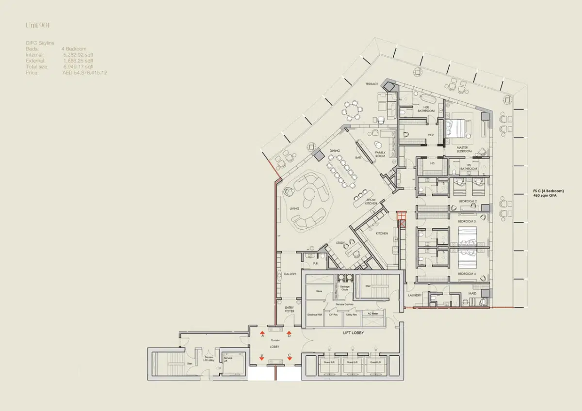 Four Seasons Private Residences H And H Difc 4 Bedroom Apartments Floor Plan