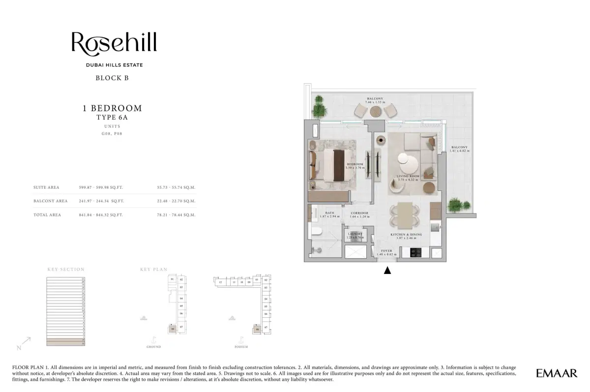Rosehill by Emaar 1 BR Floor Plan 841 Sq. Ft.