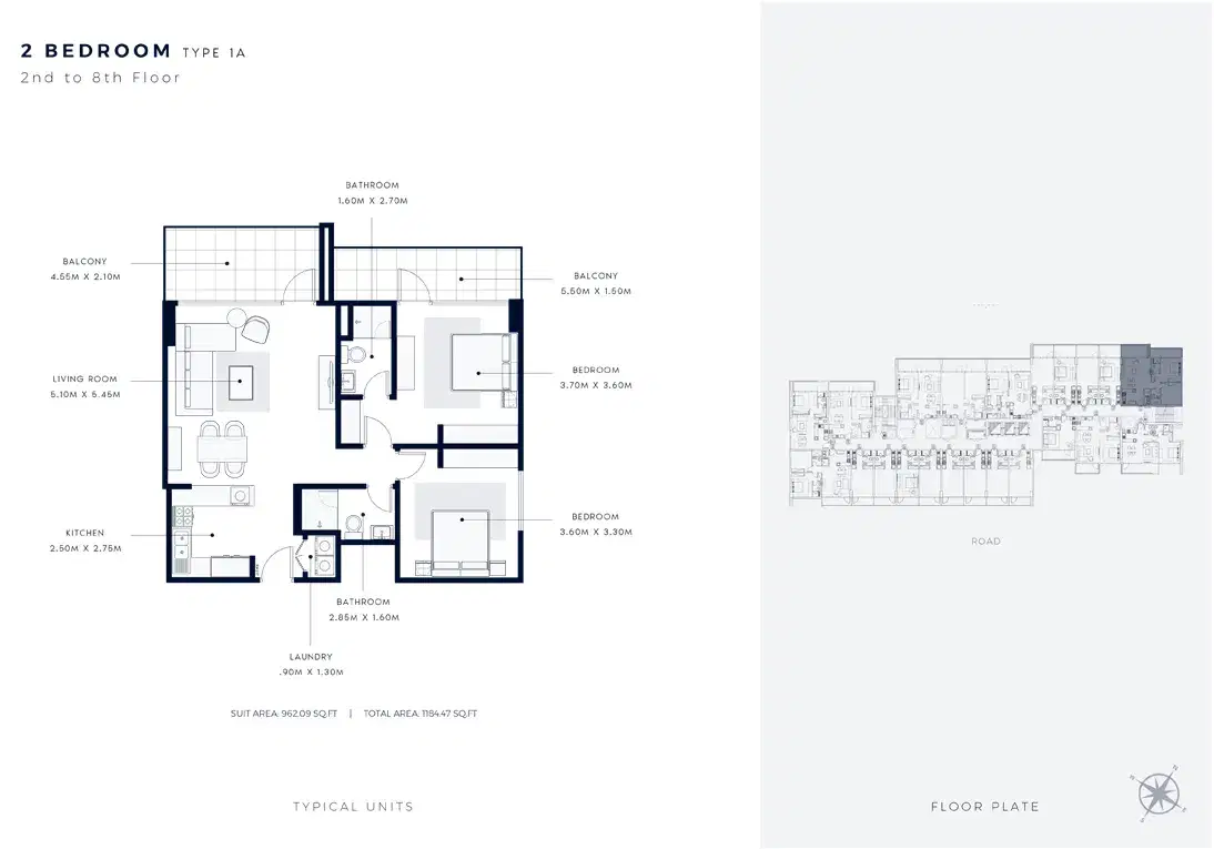 Azizi Vista 2 BR Floor Plan 1,184 Sq. Ft.